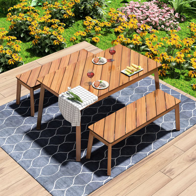 Mobilier de salle à manger 3 pièces en bois avec 2 bancs, pour l'extérieur et l'intérieur, conception à grain diagonal distinctif, assemblage rapide et sans effort, espace stable sur toutes les pièces, inégale et moderne