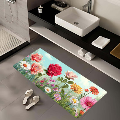 Spring Flower Laundry Room Rug 18X47 Inch – Colorful Garden Non Slip Runner Mat For Kitchen, Entryway, And Home Decor
