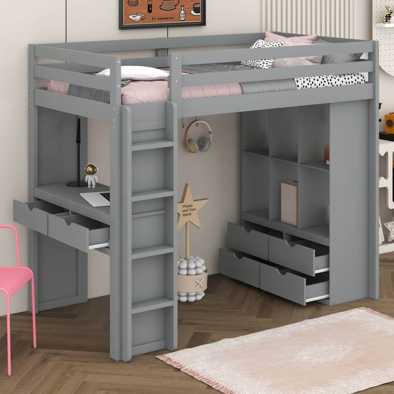 Lit mezzanine simple avec tiroirs Jaquaylin, Gris