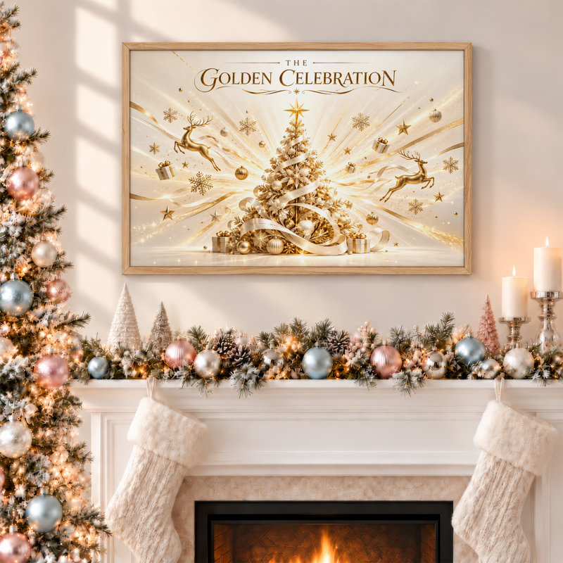 Arbre doré avec renne et cadeaux, art mural sur toile de Noël, H 36 po x l 48 po