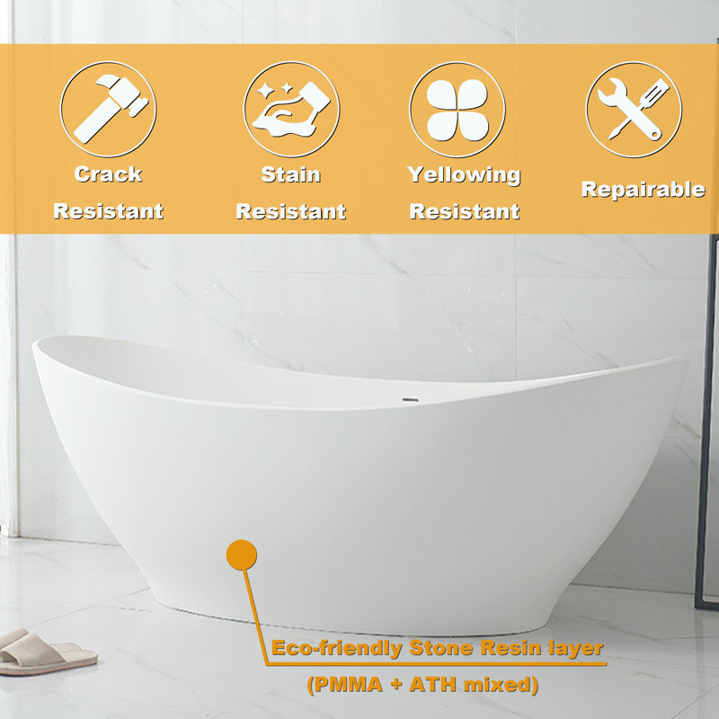 67 In. X 32 In. Stone Resin Solid Surface Freestanding Soaking Bathtub With Drain And Overflow In Matte White