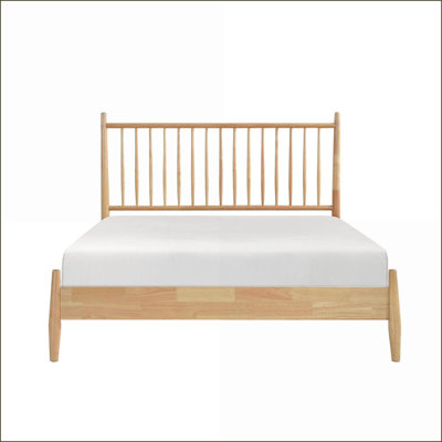 Grand lit plateforme en bois avec tête de lit à lattes verticale, aucun sommier nécessaire, mobilier de chambre à coucher de style moderne Mid-Century