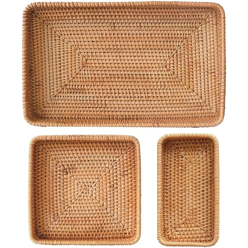 Plateau de service en rotin, ensemble de 3 paniers rectangulaires, paniers de rangement et d'organisation en osier, plateau tissé décoratif naturel pour la décoration intérieure, salle de bain, comptoir de cuisine