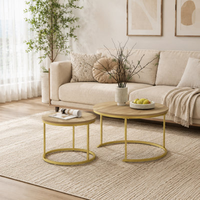 Ensemble de 2 tables basses gigognes 27,6 po, plateau rond en bois industriel avec cadre en métal brun