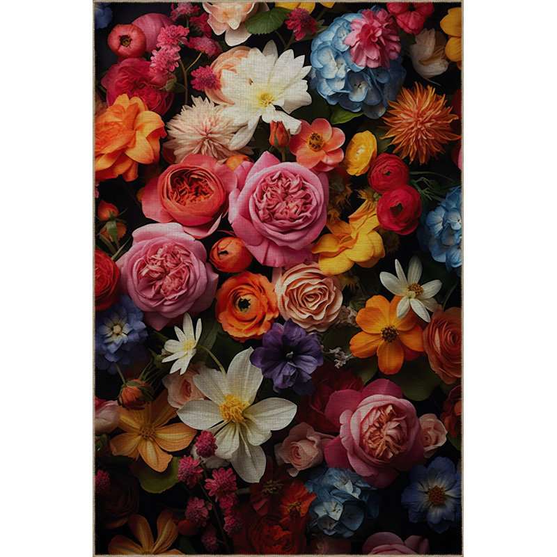 Multi-Colored Floral Rose Daisy Patterned Creative Modern Decorative Rug, Rectangle 4'11.06" x 7'6.55"