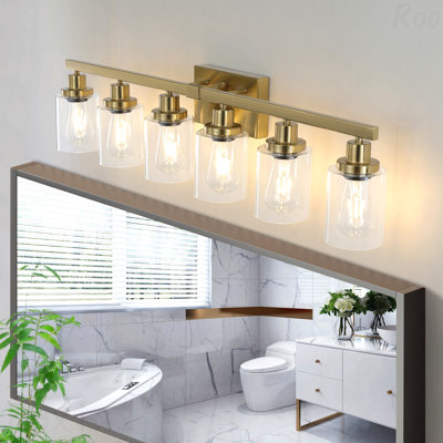 Luminaire pour meuble-lavabo 37 po - 6 lumières en métal doré, abat-jour en verre transparent, fixation murale moderne