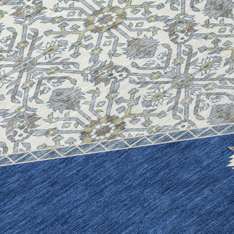 Navy and White Synthetic 5' x 7' Washable Rectangular Rug