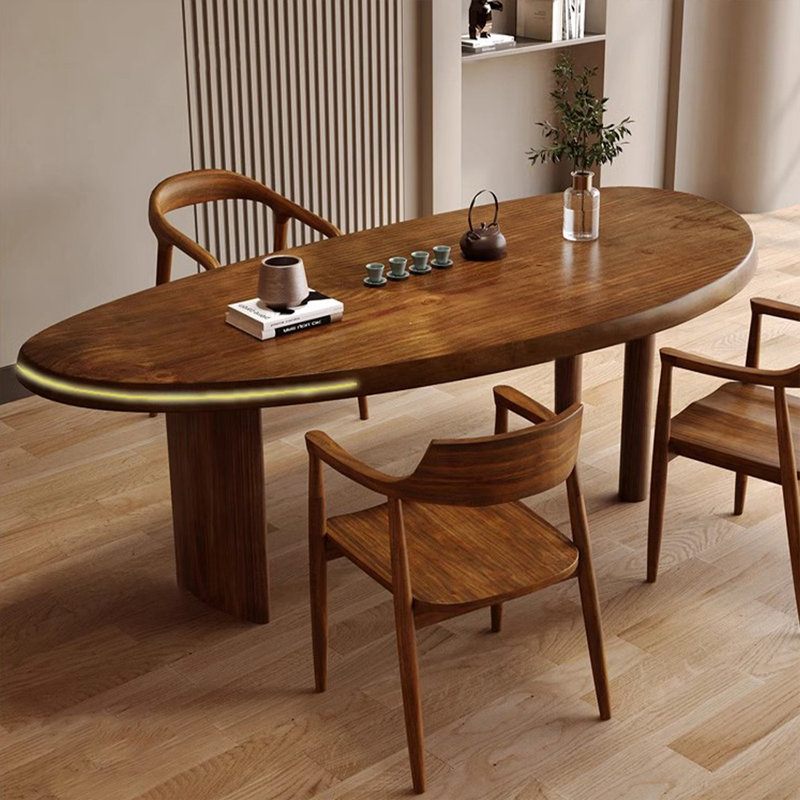 Brown Curved Solid Wood Dining Table, 29.53"H x 70.87"L x 31.5"W