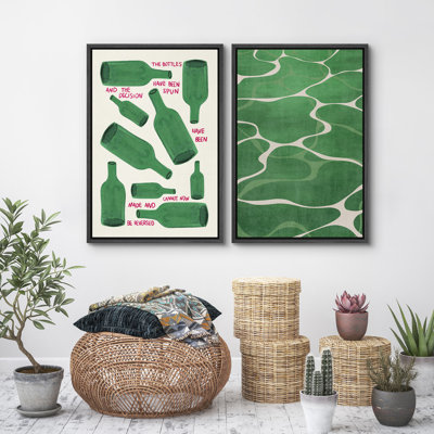 The Green Bottles And Water Framed Canvas Master Bedroom Wall Art Set 2 Print
