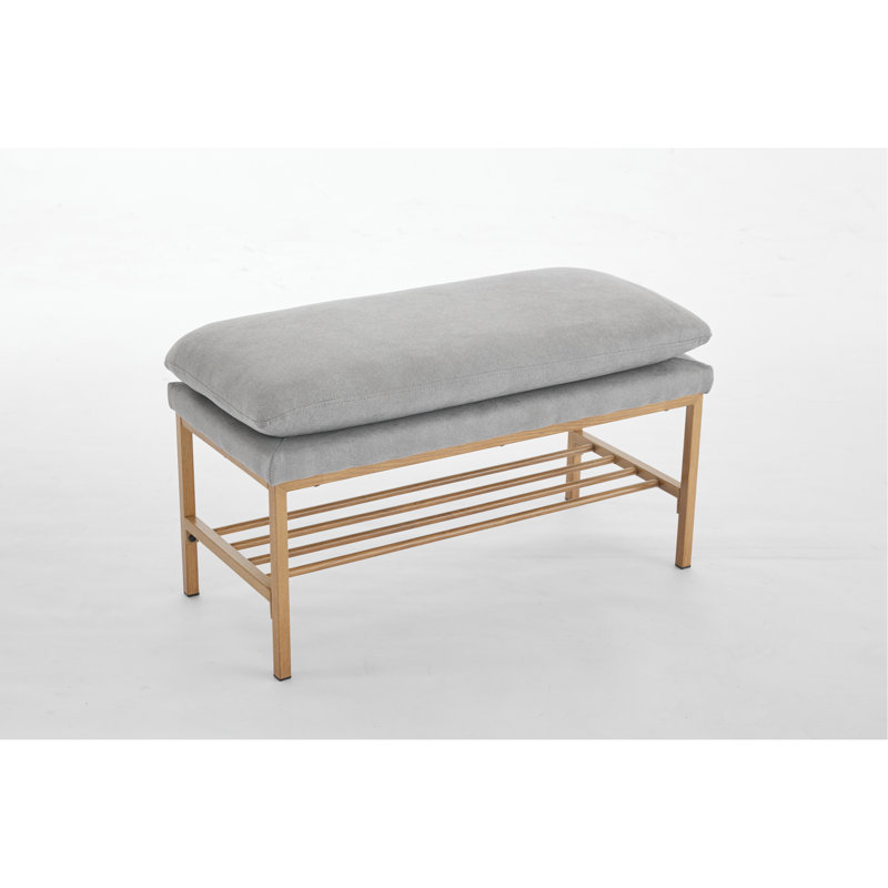 Gray Linen Upholstered Bedroom Bench With Metal Legs, Shelf, 300 Lb For Living Room, Dining Room Upholstery, Lb, Entryway