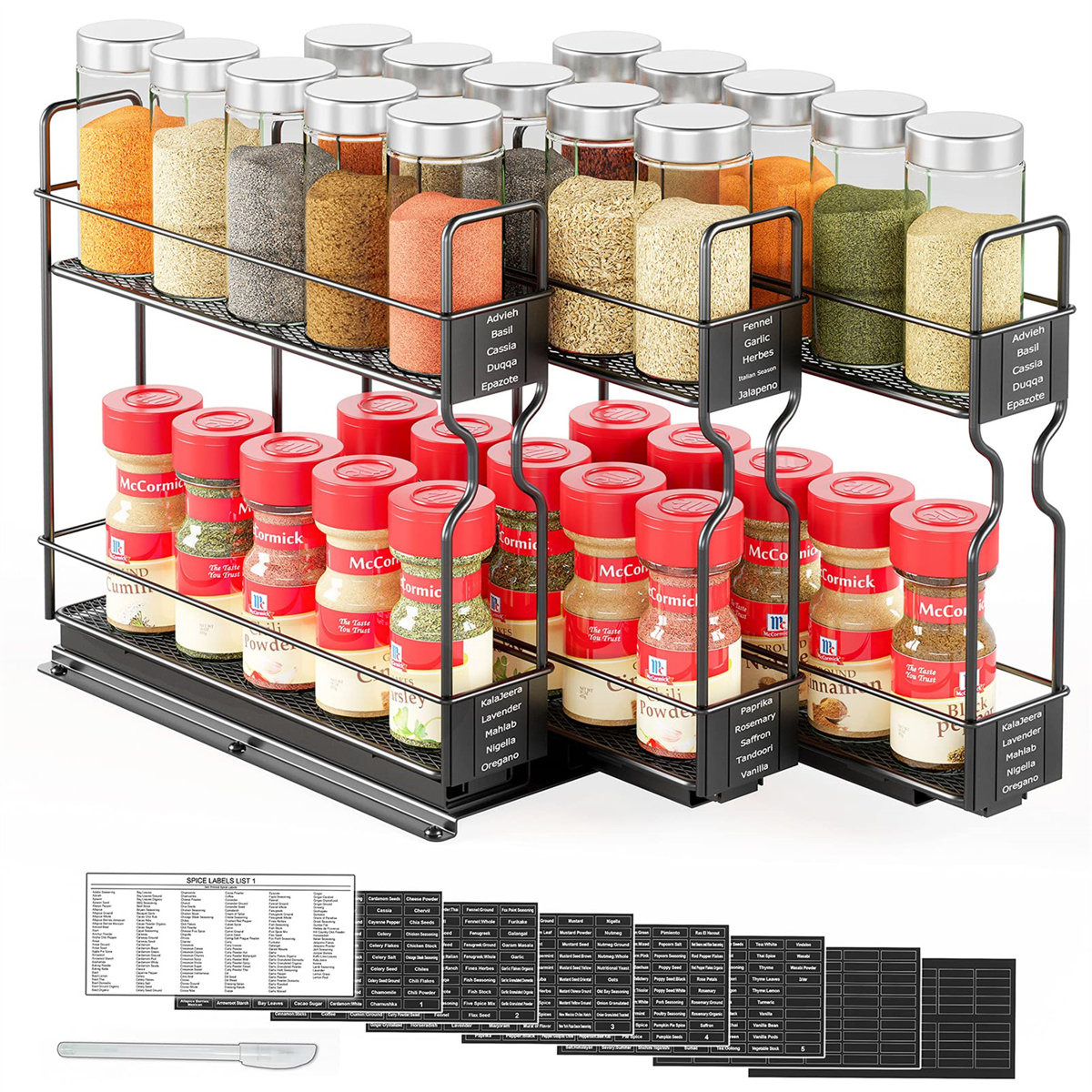 2-Tier Pull Out Spice Rack Organizer for Cabinet, Heavy Duty Slide Out Seasoning Organizer with Labels, 7.7"W x 10.75"D x 10"H, 3 Drawers