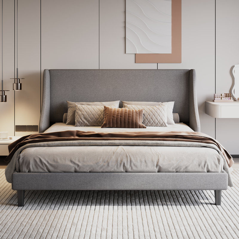 Lit plateforme tapissier Toderick avec aile de luxe et mélange de lin, Très grand, Gris clair