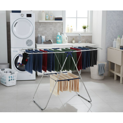 Foldable Freestanding Metal Clothes Rack With Sock Clips + 2 Height-Adjustable Gull-Wing Rods. Space-Saving Design, Suitable For Both Indoor And Outdoor Use. Silver-Blue, A Must-Have For Home Clothes Drying.