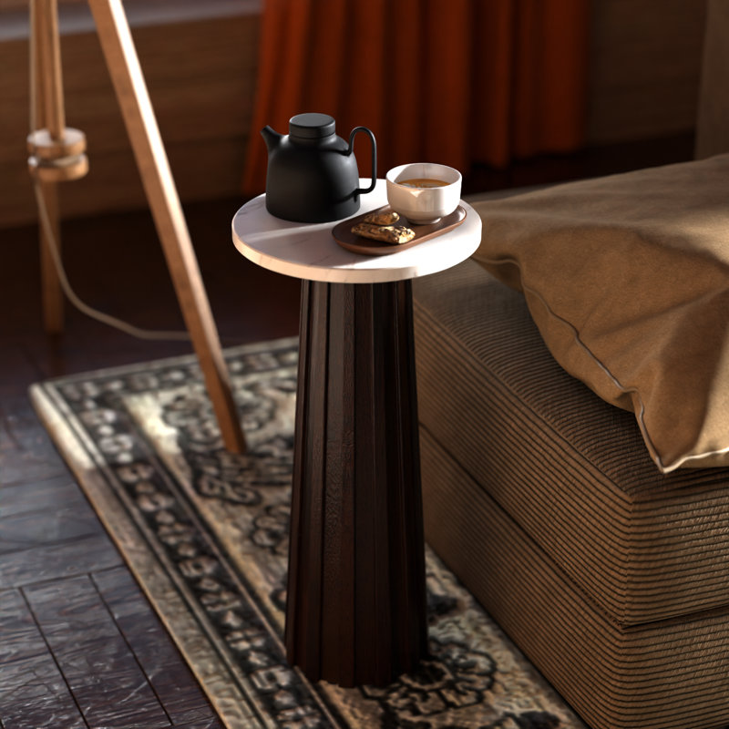  Solid Wood Marble-Top Round Drink Table -Pedestal Base in Walnut, No Assembly, Small Accent/Martini Table - Ma’gro