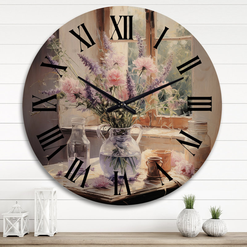 Purple Pink Herbs Romantic Impression I - Floral Oversized Wood Wall Clock, Extra Large