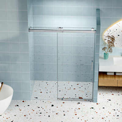 Frameless Soft-Closing Single Sliding Shower Door, 56-60 W X 76 H, Tempered Glass With Explosion-Proof Coating, Shower Door