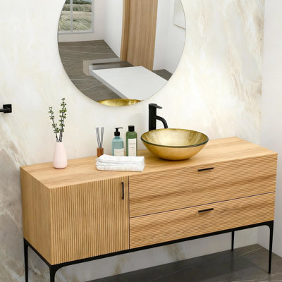 Lavabo vasque de salle de bain en verre trempé texturé doré artistique avec robinet noir et bonde escamotable, idéal pour les vestiaires, 16,5 x 5,5 pouces, facile à nettoyer, installation au-dessus du comptoir