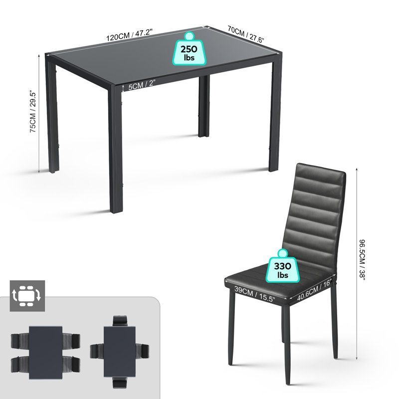 Latoyta Modern 5-Piece Rectangular Glass Top Dining Set with Cushioned Chairs, Black