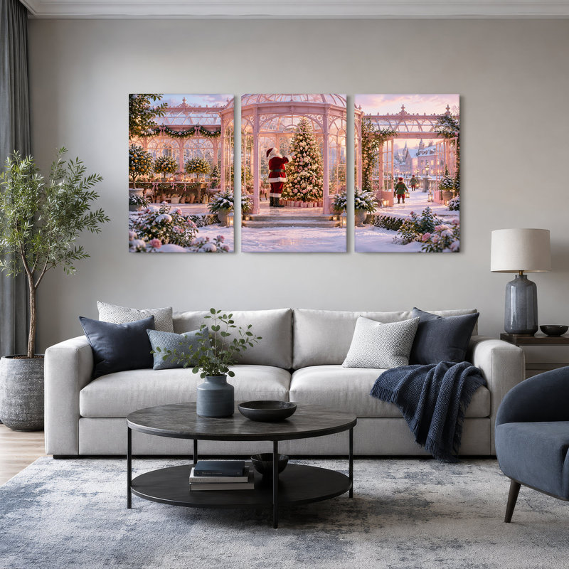 Père Noël, arbre décoratif en rose, ensemble de 3 toiles, L 72 po x H 36 po au total - 3 panneaux
