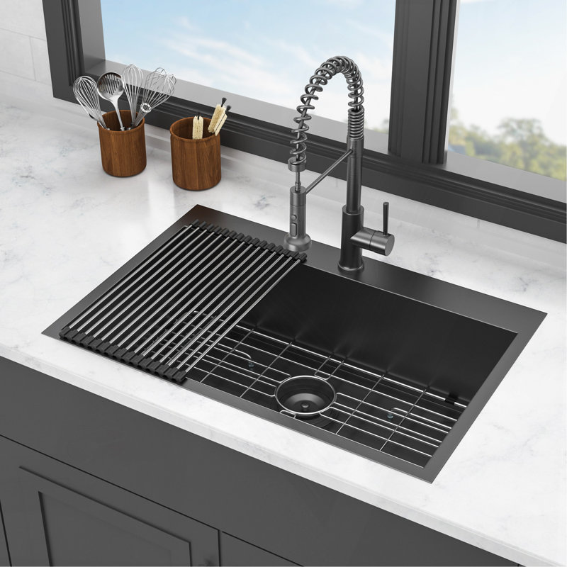 Évier de cuisine encastré 30 po - Évier de cuisine à cuve simple en acier inoxydable de calibre 18 noir Topmount