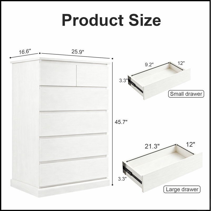 Grande commode à 6 tiroirs avec poignées dissimulées, rangement moderne en bois pour les chambres et les salons, maximise l'espace et l'organisation