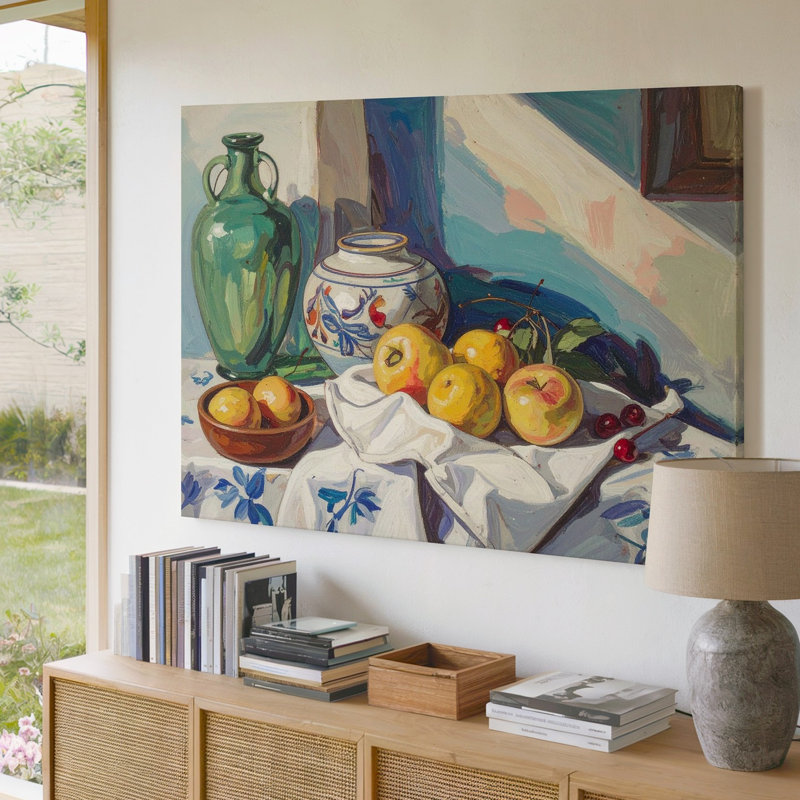 Art mural sur toile, nature morte méditerranéenne, fruits et vaisselle sur tissu floral bleu, H 9 po x l 12 po