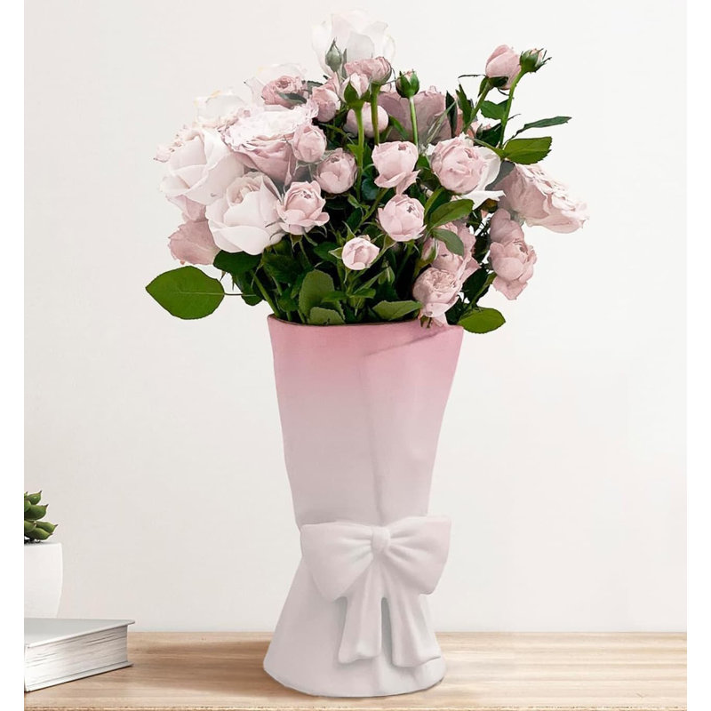 Charming 9.64" Green Ceramic Bow Vase - Ideal Decor & Gift for Women, Pink White