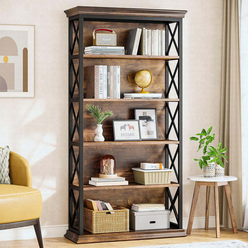 Bibliothèque 70,8 "à 6 niveaux en brun et noir, unité de rangement multi-niveaux