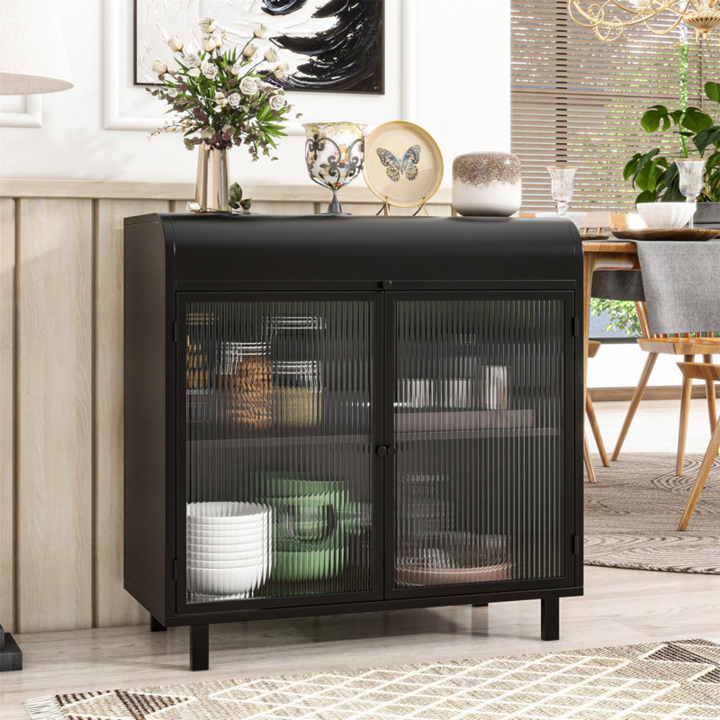 Buffet moderne avec portes en verre trempé figuré, dessus rabattable, tablettes intérieures, console de rangement à cadre en métal pour la salle à manger, la cuisine, le salon et le vestibule (noir)