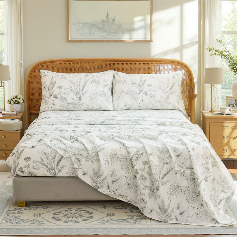 Ensemble de draps 100% coton de très grande taille - Ensemble de literie 4 pièces Chic Garden Floral, Blanc / Gris