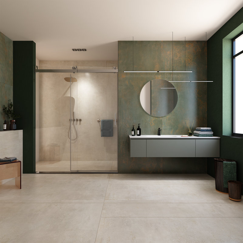 Porte de douche coulissante simple sans cadre de l 56 po à 60 po x H 76 po avec verre trempé épais de type SGCC, fermeture en douceur, film antidéflagrant, nickel brossé 