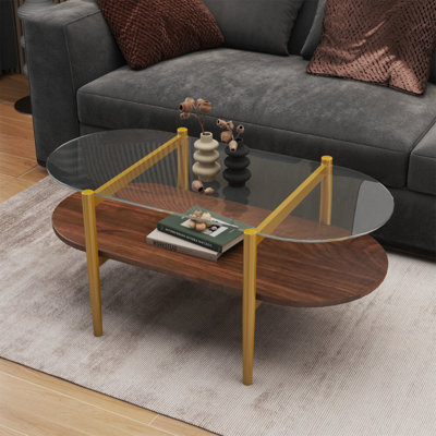 Table basse ovale en verre de forme moderne, format 41 po x l 21 po x H 17 po, pour le salon, structure à double couche avec fonction de rangement, verre transparent et panneau de fibres à densité moyenne brun café