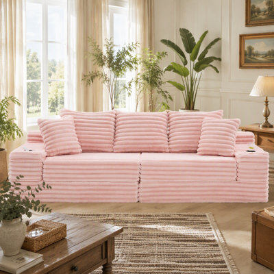 Oversized Four-Seat Corduroy Sofa Bed with Cup Holders, Side Pockets, Memory Foam Cushions, Lumbar Support Pillows, and No-Assembly Design for Living Room or Bedroom Use.