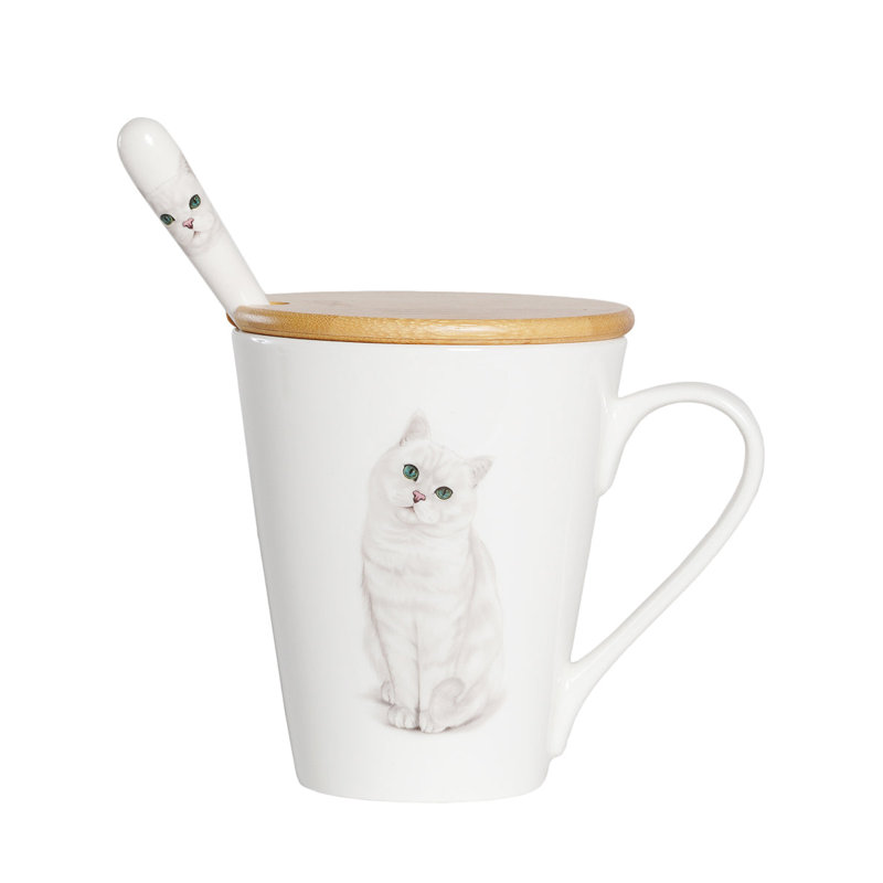 Tasse à eau en porcelaine avec couvercle et cuillère - British Shorthair (argent)