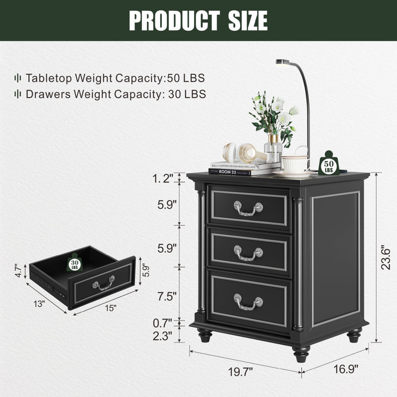3 Drawer Bedside Table With Reading Light, Black