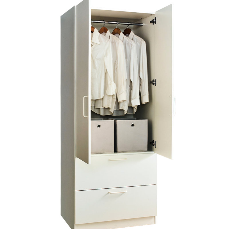 Armoire en bois blanche à deux portes avec deux tiroirs et barres de suspension - option de fermeture en douceur, espace de rangement très profond, coquille d'eau et de chaleur, revêtement anti-rayures, panneau de classement E0, 2 fois plus épais, fabriqué en bois massif
