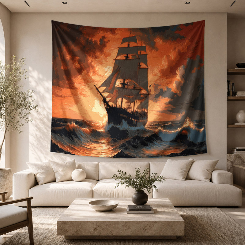 Tapisserie murale coucher de soleil nautique, 68 po x 80 po