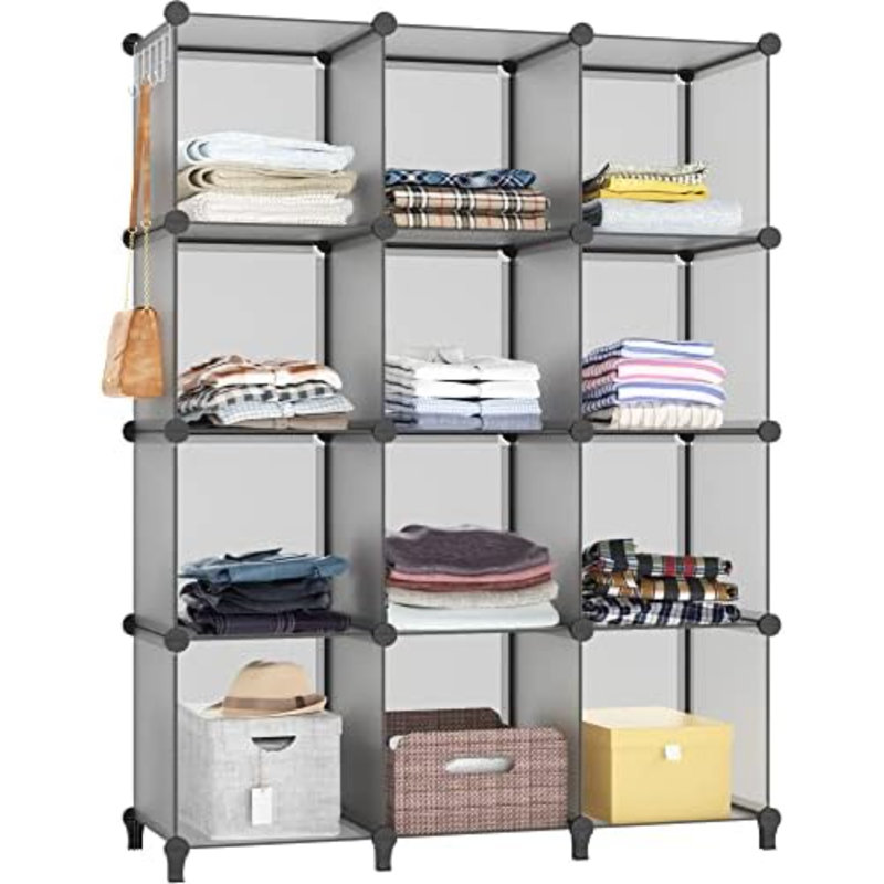Organisateur de placard, organisateurs de placard à 12 cubes et rangement, tablettes de placard portables, rangement pour vêtements (gris)
