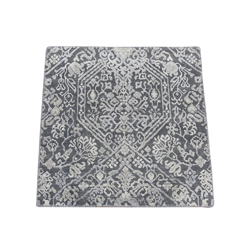 Tapis gris anthracite 2 pi 1 po x 2 pi 1 po, soie avec laine texturée, motif ton sur ton, noué à la main, échantillon de tapis oriental B750CAE92ECA4323A68BA1AEAAA9EE7B