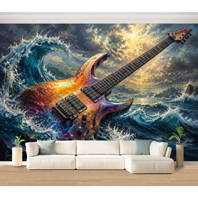 Wall Mural Peel and Stick Wallpaper Guitar Music Electric Ocean Waves Stormy Sky Colorful Blending Surface Self-Adhesive Removable Contact Paper Wall Decor for Living Room Bedroom 100"H x 144"W