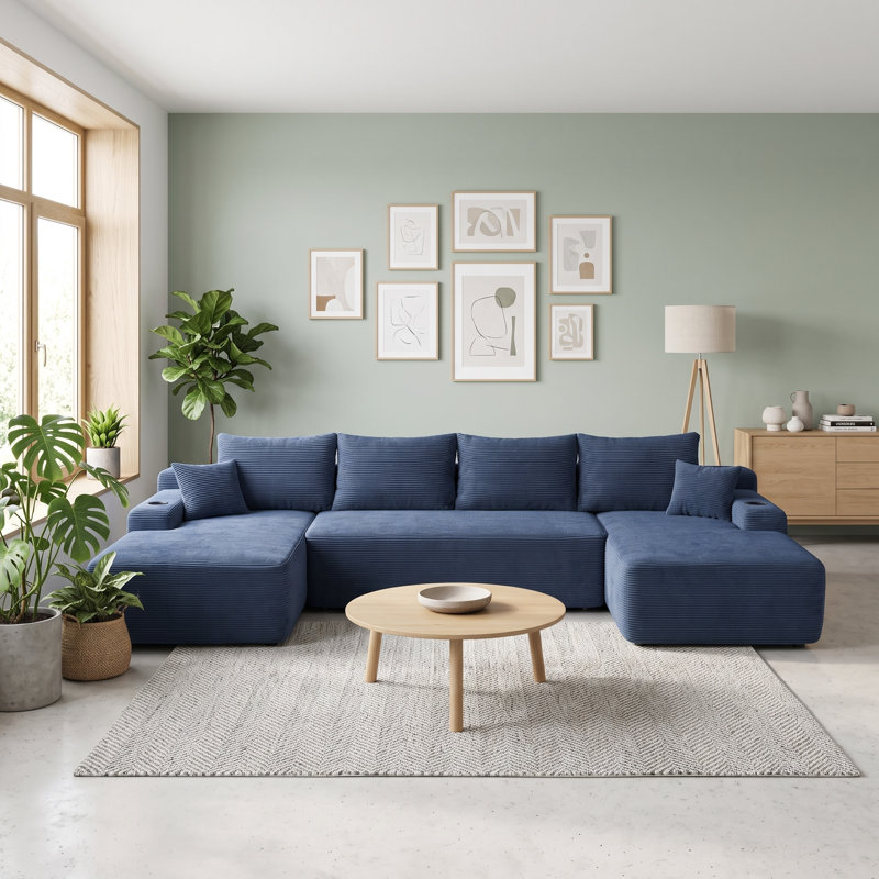 Canapé modulaire en U avec méridienne et velours côtelé Aino, Bleu