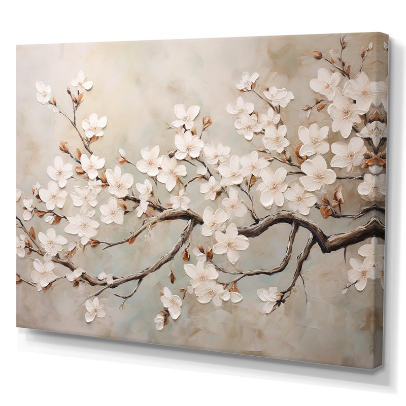 Minimalisme blanc et gris Cherry Blossom III - art mural Cherry Blossom, H 16 po x l 32 po x P 1 po, Toile tendue