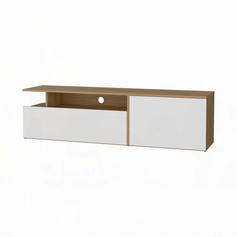 Meuble télé en chêne naturel et blanc avec porte rabattable et tablette ouverte