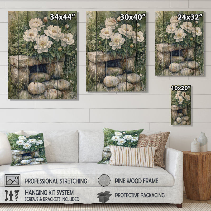 Pivoines bleues céruléennes près du puits I - Décoration murale en bois de pivoines - sur bois de pin naturel