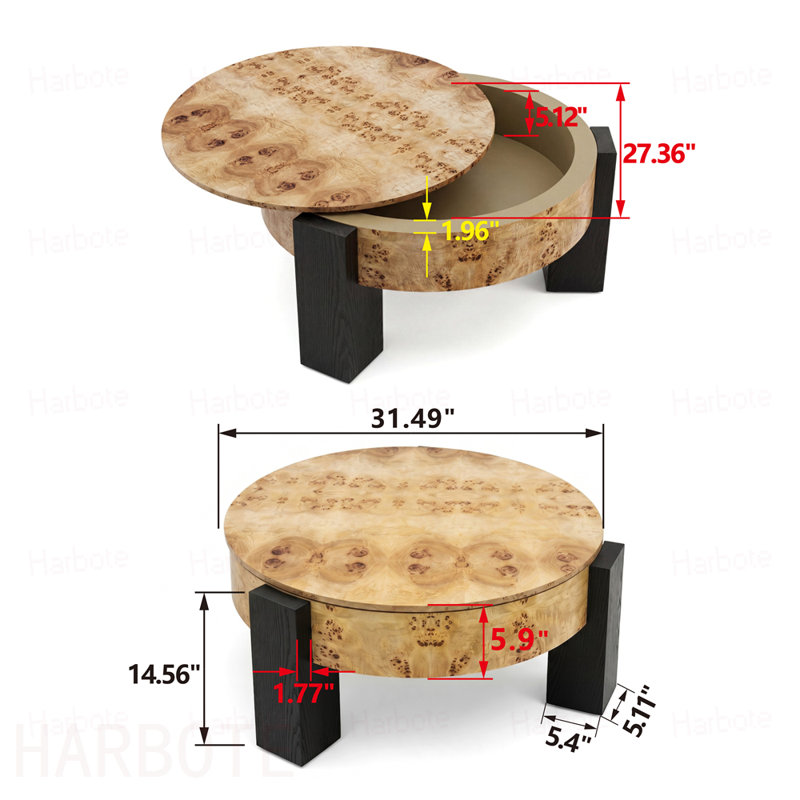Table basse 33 po ronde avec rangement en bois de ronce, table de cocktail à compartiments cachés organiques, table d'appoint centrale robuste à 3 pieds pour le salon, petit espace, ronce naturelle et noir
