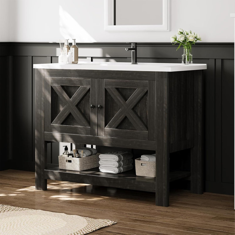 35" Farmhouse Bathroom Freestanding Vanity,with Ceramic Sink and Open Shelf, Brown