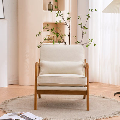 Méridienne de style moderne médiéval Coussin de siège à rembourrage doux, structure en bois massif, style polyvalent, soutien lombaire confortable, accoudoirs en chêne et revêtement blanc cassé