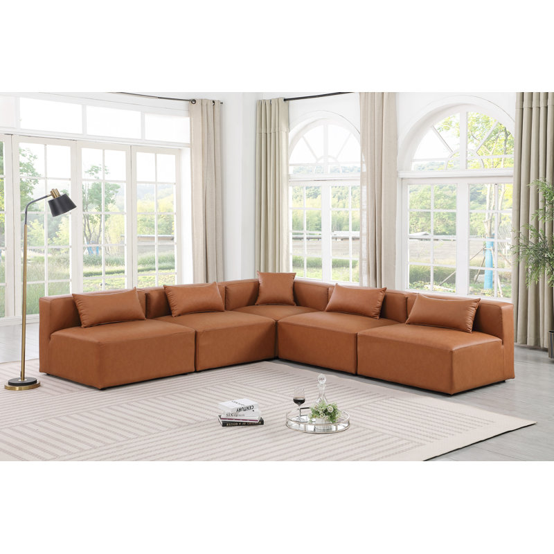 Canapé modulaire en similicuir 5 pièces Ivion, Cuir cognac végétalien