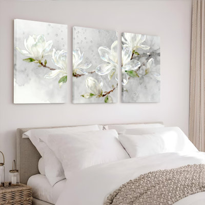 Fleurs de magnolia blanches, reproduction d'art sur toile tendue à l'aquarelle, peinture florale (ensemble de 3)