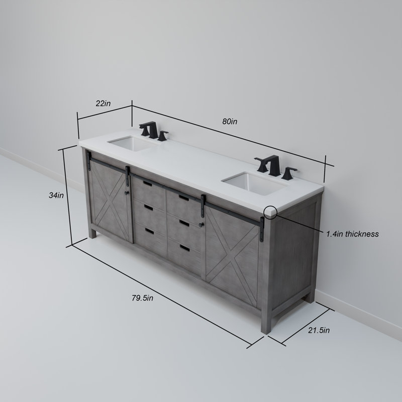 Meuble-lavabo double l 80 po x P 22 po et miroirs 30 po Marsyas, Gris cendre, Quartz blanc
